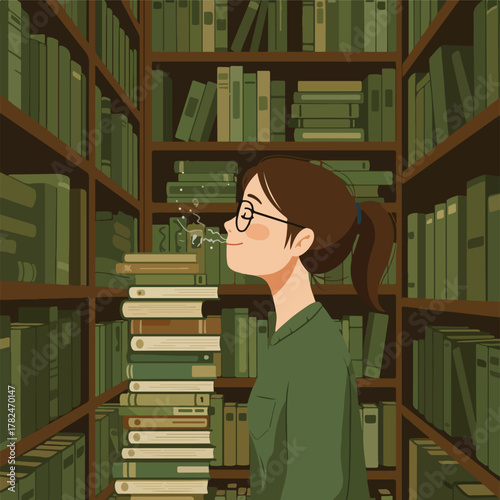 A person in glasses, smelling air amidst stacks of books. A library scene with shelves of various book shades