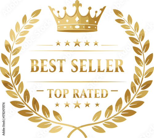 Golden laurel wreath crown emblem, best seller badge design, top rated award label, premium quality symbol, luxury marketing recognition icon
