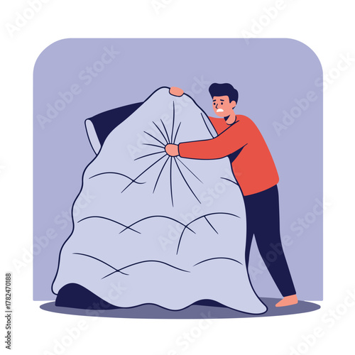 A person in a red shirt struggles to lift a massive, lumpy, pale blue blanket