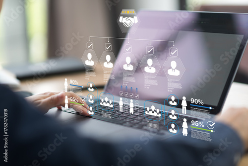 Digital business interface connects people, team, and employee during recruitment and hiring, using hr management tools for job planning, boardroom workflow, and employment tracking