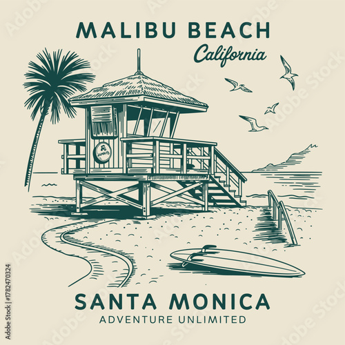 Beach Resort  T-Shirt Print – Hand-drawn Malibu waves and tropical typography, perfect for Aloha surf T-shirt graphics, summer apparel, and vacation-inspired vector designs.