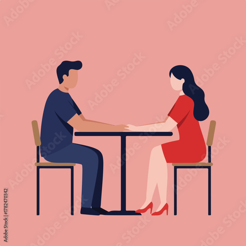 A stylized illustration of a couple holding hands at a table, soft colors create a romantic atmosphere