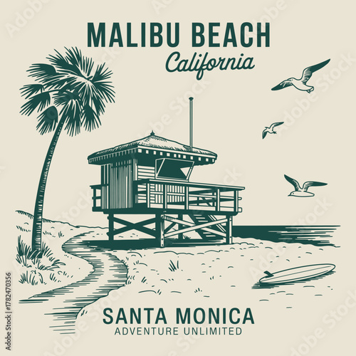 Summer Beach Resort Typography  – “Malibu Dream Resort” T-shirt design featuring ocean waves, tropical scenery, and retro surf lettering for Hawaii, Long Beach, and vacation-inspired apparel.