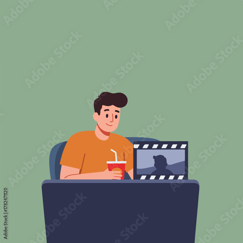 An illustration of a man with drink enjoying media. There is a film clapperboard in front of the laptop