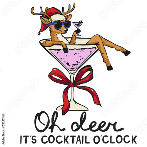 Funny Christmas Deer in a martini drink glass, Hand drawn Christmas humour drinking deer illustration, Whimsical Christmas party drink illustration