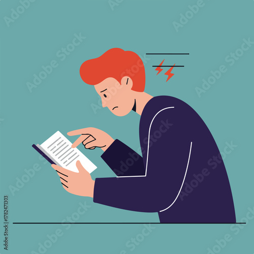 A frustrated man with red hair studies a book, with stress symbols above his head on a teal background