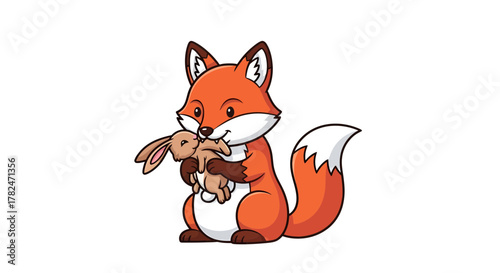 Charming cartoon fox cradling a small bunny, evoking playful nature scenes and endearing character