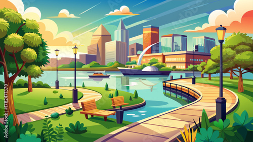 Very beautiful landscape at Point Park along the Baltimore riverfront on the Patapsco River in Baltimore, Maryland, USA, featuring calm water, green park scenery, waterfront pathways, and warm natural