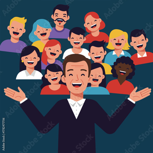 A cheerful group portrait of diverse people smiling, led by a man in a suit gesturing outwards