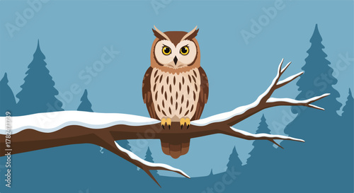 Owl perched on a snowy branch with a forest backdrop