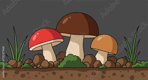 Cartoonish illustration of three mushrooms in a scene with grass, rocks, and soil
