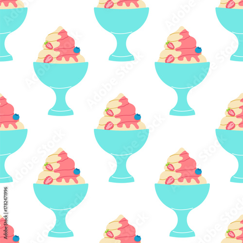 Colorful ice cream sundaes in bright bowls create a fun and playful pattern suitable for various designs