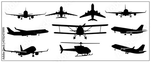 Vector set of aircraft silhouettes featuring airplanes, jets, helicopters, and biplanes in various flight poses, ideal for aviation, travel, airline branding, trip design, and transportation projects