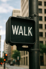 Pedestrian signal showing walk light in urban setting