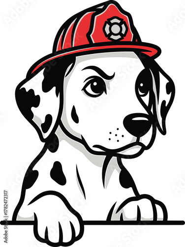 Dalmatian Puppy Firefighter Vector Art Illustration Cute Dog Cartoon Animal Fireman Dalmatian Breed Mascot