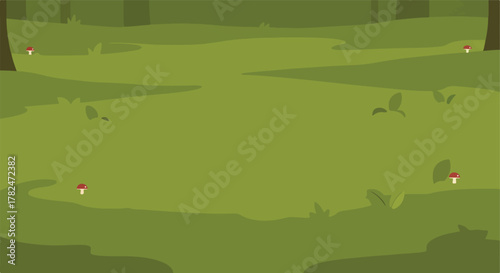 Cartoon forest scene with trees, grass, and mushrooms