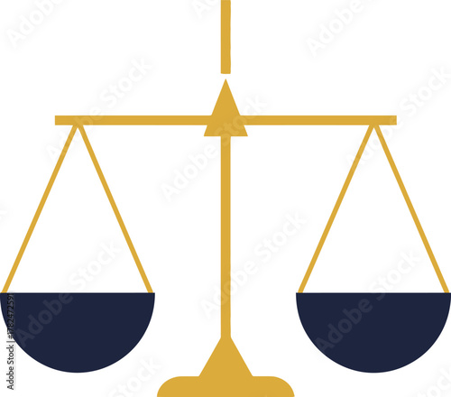 Golden balance scales of justice with dark blue pans symbolizing fairness and equality isolated on transparent background