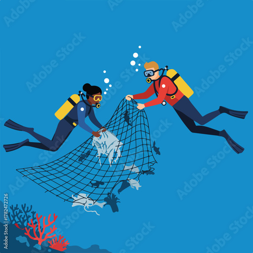 Two scuba divers, equipped with gear, collect trash from the ocean with a net, illustrating environmental cleanup
