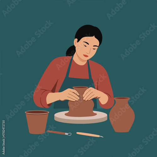 An illustration shows a woman crafting pottery with a rotating wheel, tools, and finished pieces on a table