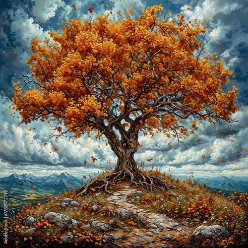 A lonely tree with orange leaves on top of a hill in autumn.