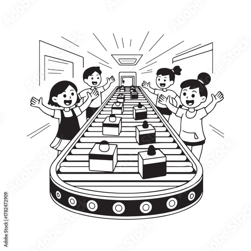 Children on a conveyor belt with boxes