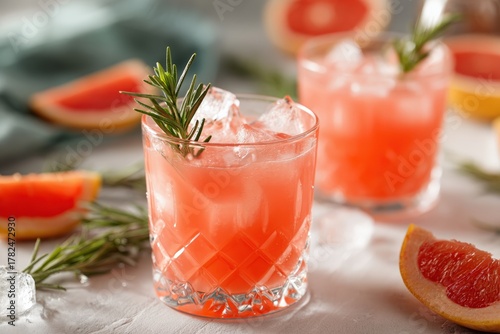 Refreshing grapefruit cocktail garnished with rosemary