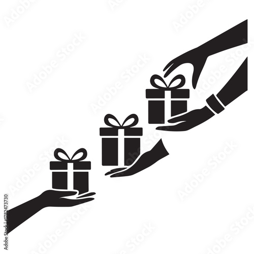 Hands passing gift boxes in a line
