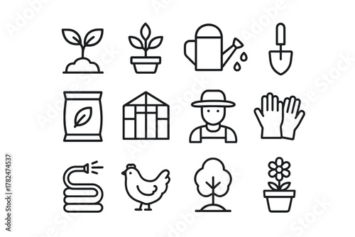 A clean line art icon set representing gardening and farming activities: plants, pots, watering, greenhouse, gloves, tools, seeds, and a farmer for agricultural scenes.