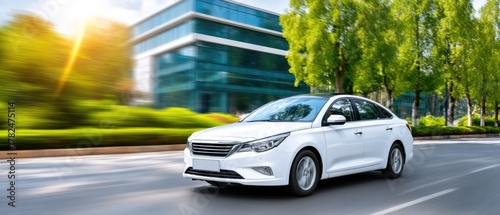 A white vehicle is parked in the foreground, showcasing its tire, while another car drives in the background on a sunny day