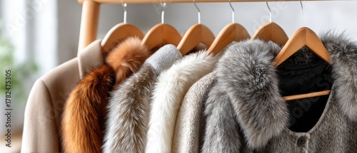 A variety of fur coats are neatly hung on a rack, displaying different shades and styles ideal for cold weather fashion