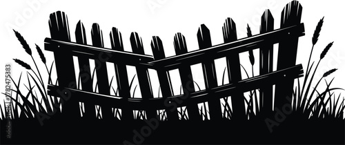 Old Broken Wooden Fence in Grass Vector Illustration.