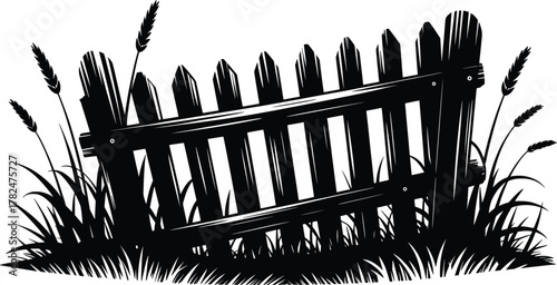 Old Broken Wooden Fence in Grass Vector Illustration.