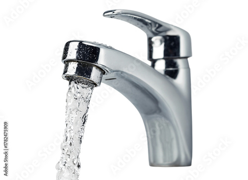 Modern Chrome Water Faucet with Running Clean Water Isolated on White