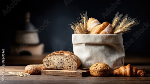 Artisanal breads of various shapes and textures are showcased in fabric bags alongside grains on a rustic wooden table
