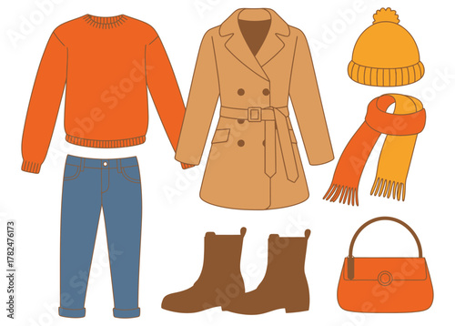 Autumn fashion clothes set women fall winter outfit collection with trench coat, sweater, jeans, boots, scarf, hat, and bag, stylish seasonal wardrobe elements for fashion illustration
