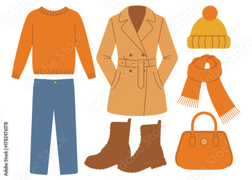 Autumn fashion clothes set women fall winter outfit collection with trench coat, sweater, jeans, boots, scarf, hat, and bag, stylish seasonal wardrobe elements for fashion illustration