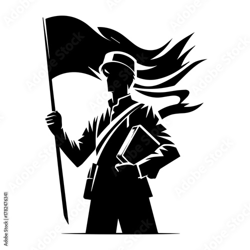 Muslim Warrior Silhouette Carrying Flag and Holy Book Vector Illustration, Young Man Holding Quran and Banner, Symbol of Faith, Spirit, and Courage in Black and White Line Art