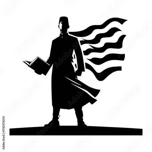 Muslim Warrior Silhouette Carrying Flag and Holy Book Vector Illustration, Young Man Holding Quran and Banner, Symbol of Faith, Spirit, and Courage in Black and White Line Art