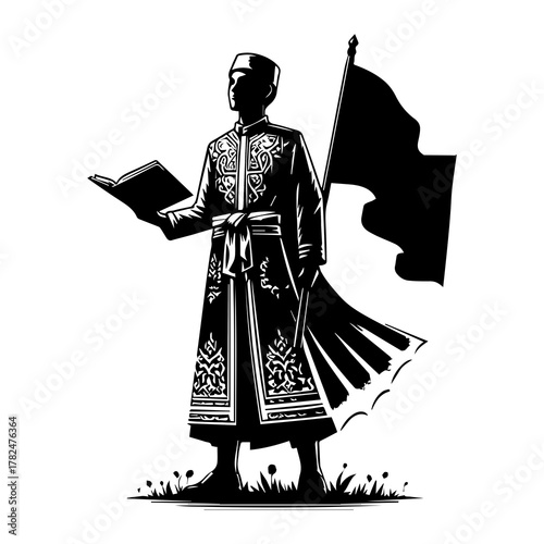 Muslim Warrior Silhouette Carrying Flag and Holy Book Vector Illustration, Young Man Holding Quran and Banner, Symbol of Faith, Spirit, and Courage in Black and White Line Art