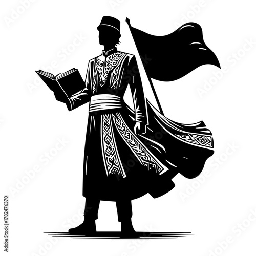 Muslim Warrior Silhouette Carrying Flag and Holy Book Vector Illustration, Young Man Holding Quran and Banner, Symbol of Faith, Spirit, and Courage in Black and White Line Art