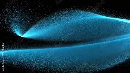 Glowing blue particles flow elegantly across a black backdrop, creating a sense of movement