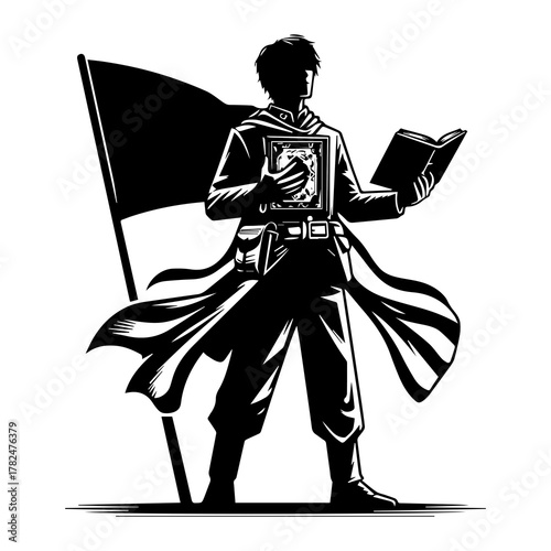 Muslim Warrior Silhouette Carrying Flag and Holy Book Vector Illustration, Young Man Holding Quran and Banner, Symbol of Faith, Spirit, and Courage in Black and White Line Art