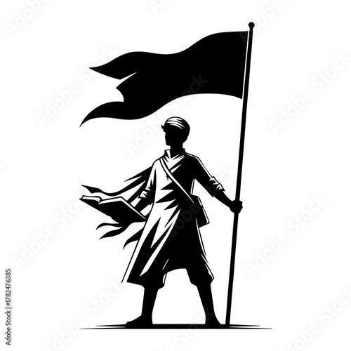 Muslim Warrior Silhouette Carrying Flag and Holy Book Vector Illustration, Young Man Holding Quran and Banner, Symbol of Faith, Spirit, and Courage in Black and White Line Art