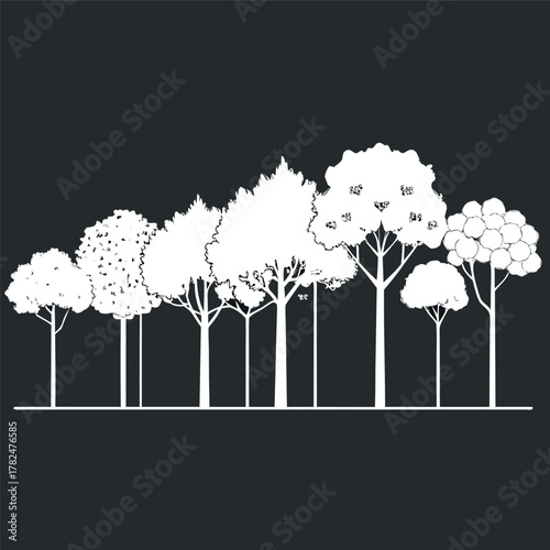 Architectural Drawings, Minimal style cad tree line drawing, Side view, set of section wetland forest outline for landscape design drawing. Vector illustration in seperate element