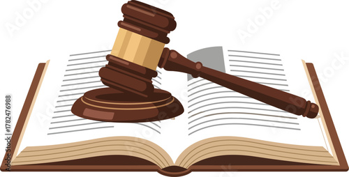 Wooden gavel resting on an open law book representing justice and legal proceedings isolated on transparent background