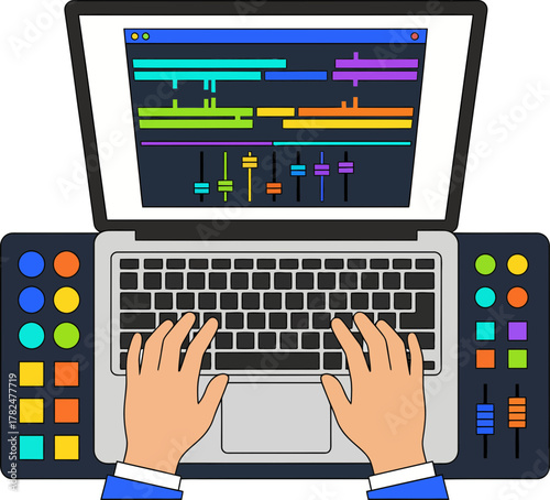 Digital Audio Workstation with hands on keyboard and colorful pads for music production and editing