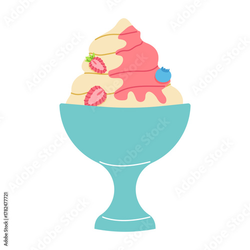 Delicious dessert served in a blue glass bowl, featuring layered ice cream with berry toppings and drizzled sauce