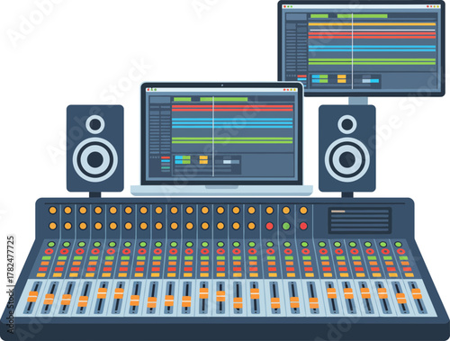 Digital audio workstation setup featuring mixing console and production software for music creation