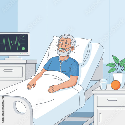 Elderly man resting in hospital bed with monitoring devices and a calm ambiance in a modern