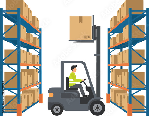 Efficient Warehouse Management Scene with a Worker Operating a Forklift amidst Shelving Units